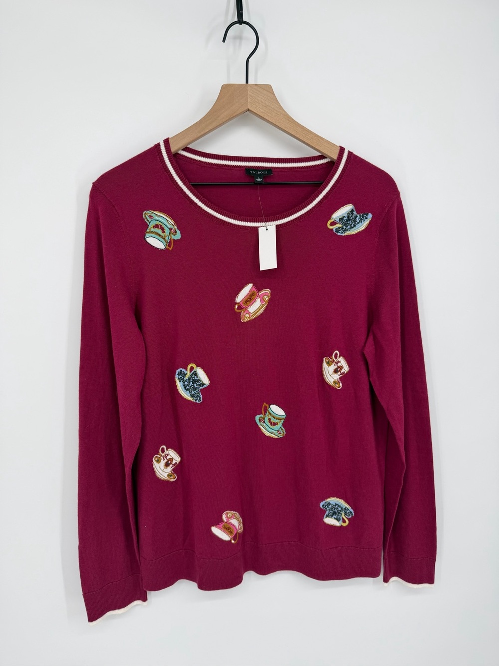 Talbots Teacup Sweater Women L NWT Magenta Embroidered Novelty Knit Preppy Twee - Picture 2 of 10